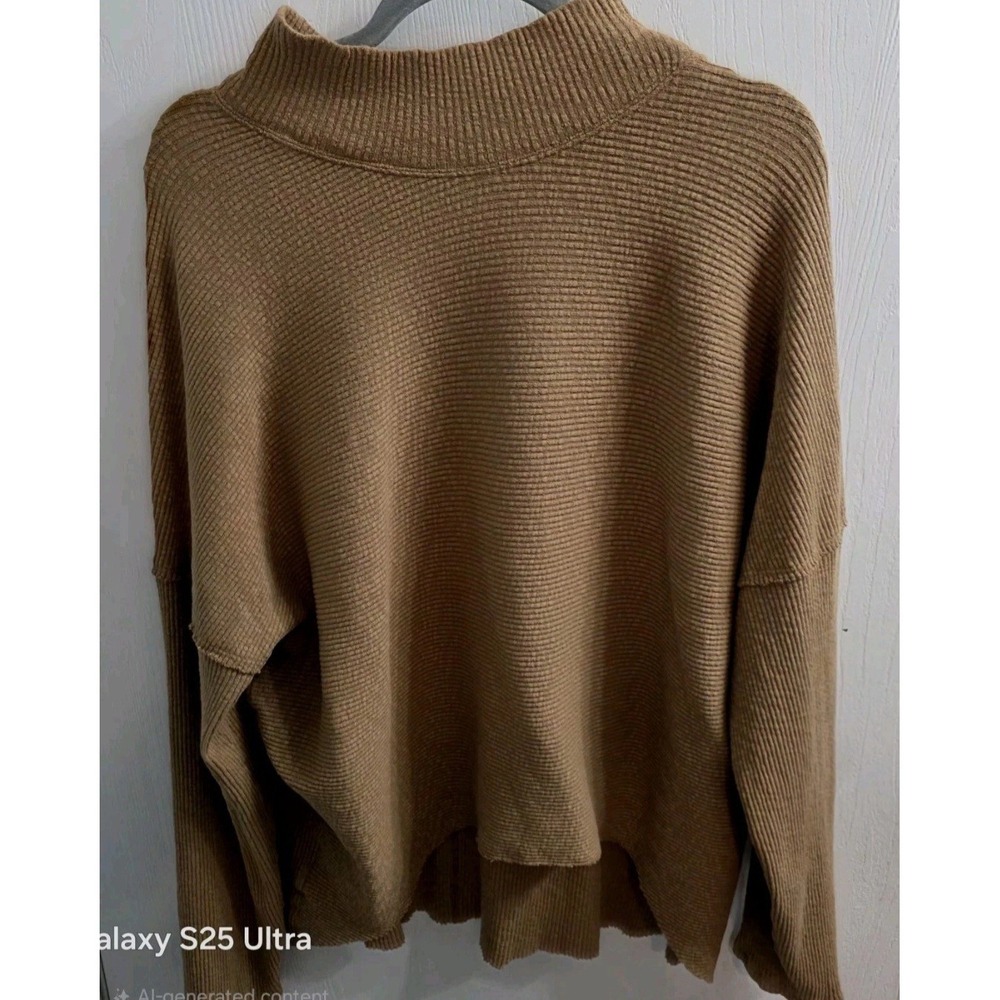 We The Free Mock Neck Oversized Sweater Size XL Solid Tan Cotton‎ Blend Hi-Lo